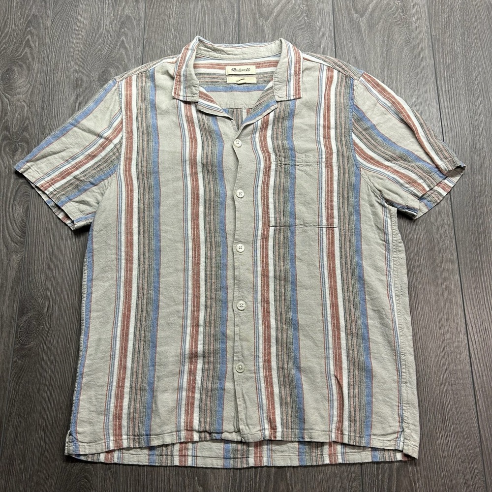 Madewell Mens Easy Fit Short Sleeve Medium Stripe Linen Blend Camp Shirt Blue